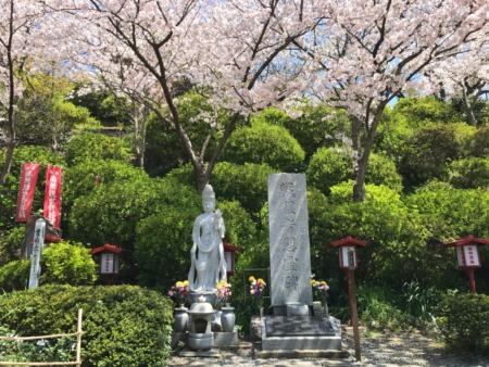 War memorial and cherry blossoms at Ofuna Kannon-ji temple