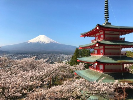 Cherry blossoms,Mt.Fuji and Chureito pagoda Arakurayama Sengen Park